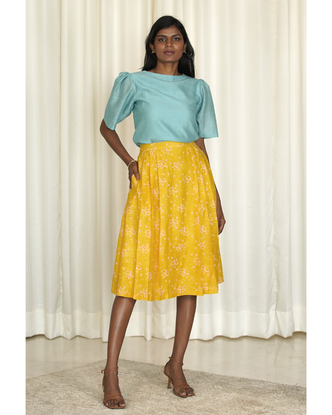 Mustard floral shop midi skirt