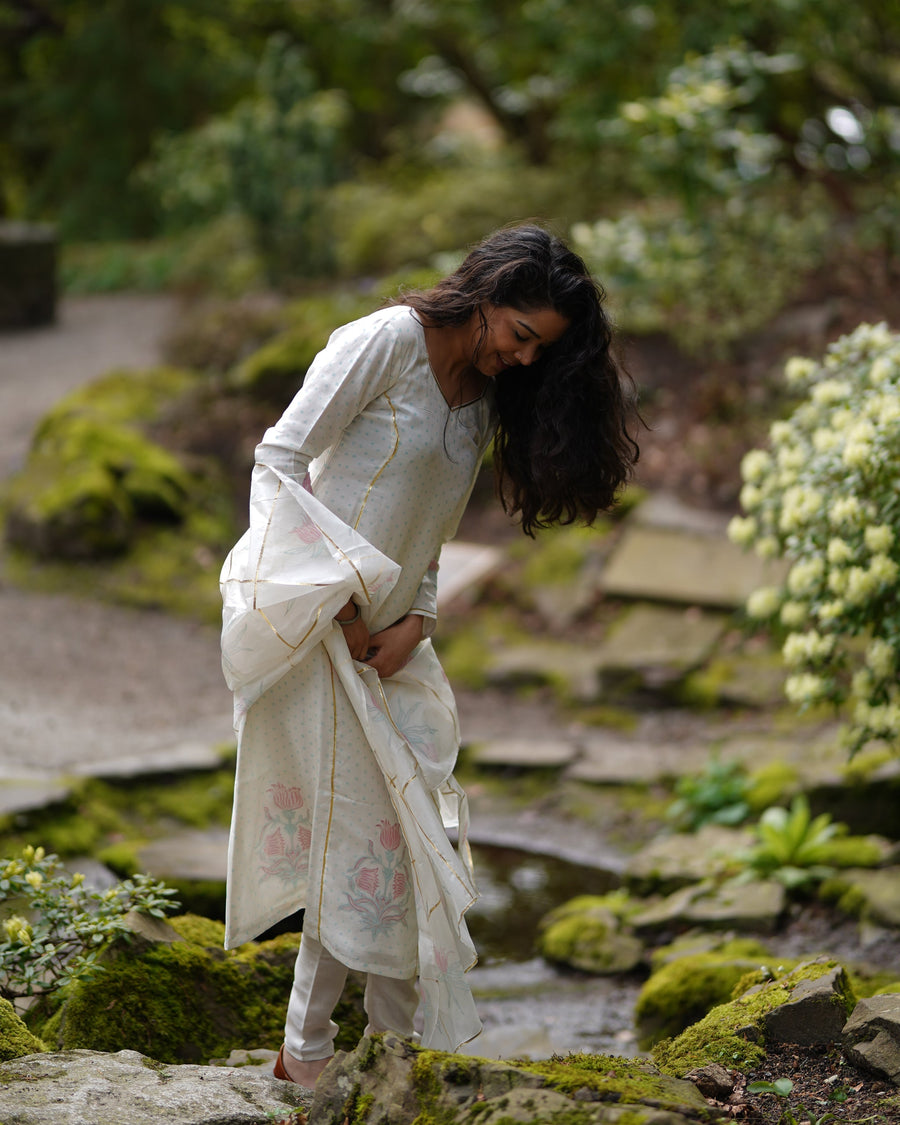 Ivory White Silk A-Line Kurta Set