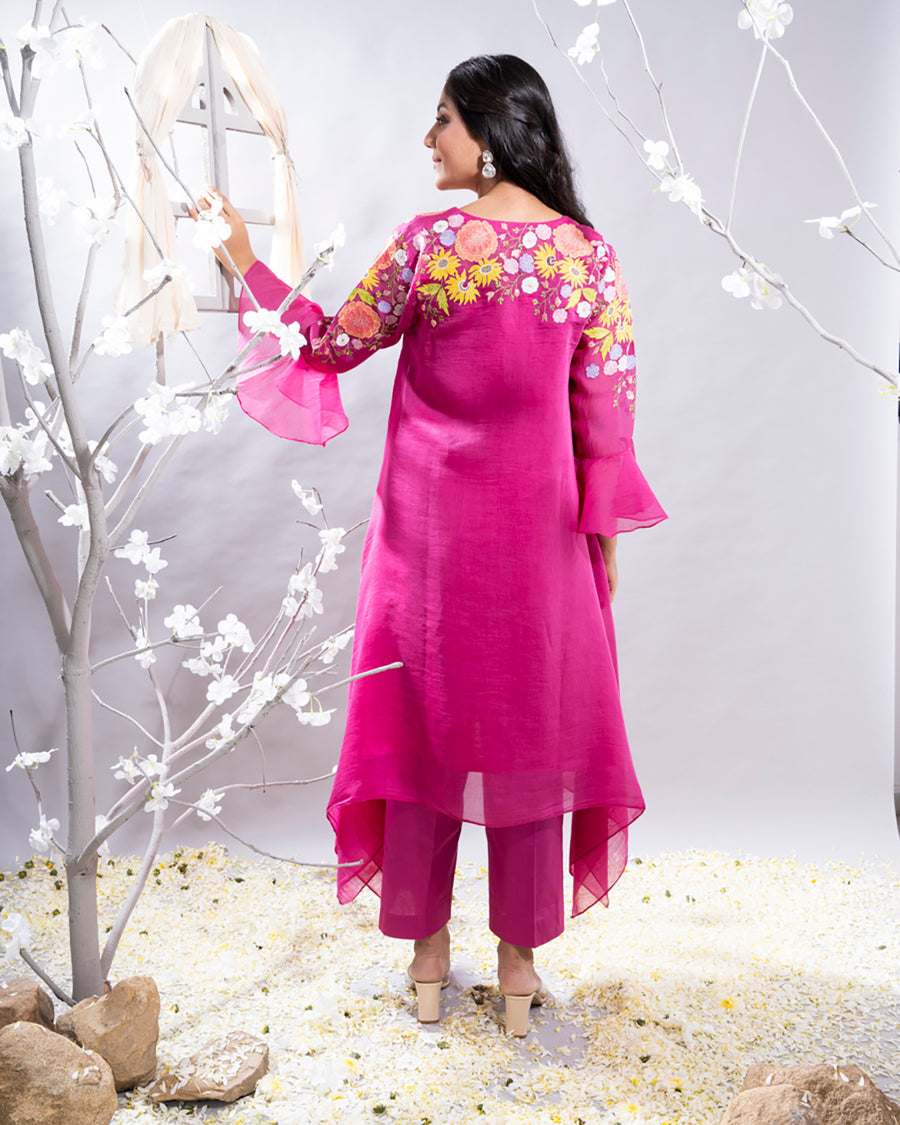 Shazia Fuchsia Pink Chanderi  Kurta Set with Asymetrical Cut