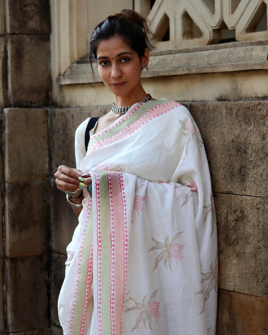 Pure White Gulmohar Silk Saree