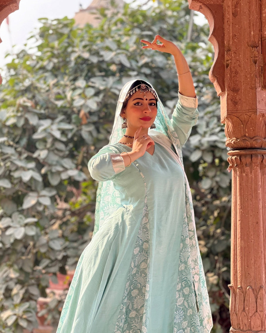 Serene Aqua Blue  A-Line Muslin with Chiffon dupatta