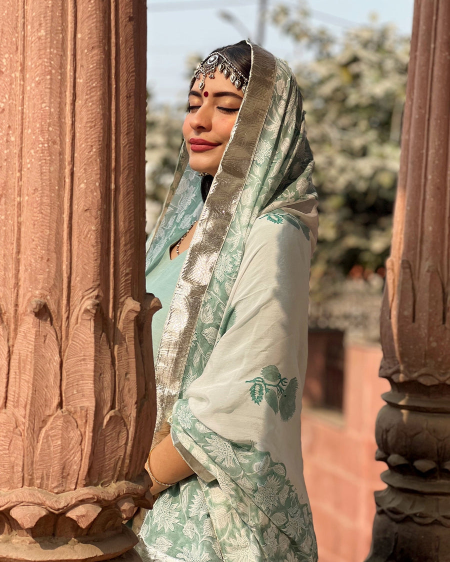 Serene Aqua Blue  A-Line Muslin with Chiffon dupatta