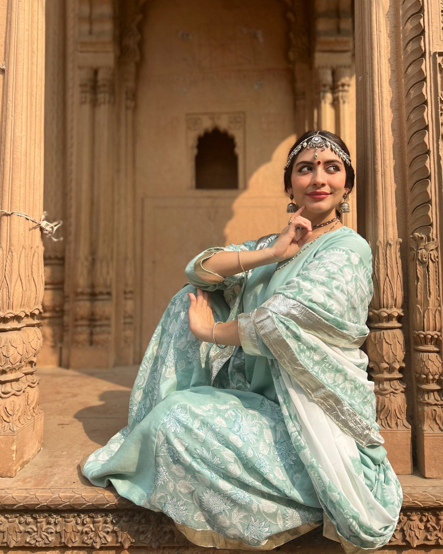 Serene Aqua Blue  A-Line Muslin with Chiffon dupatta