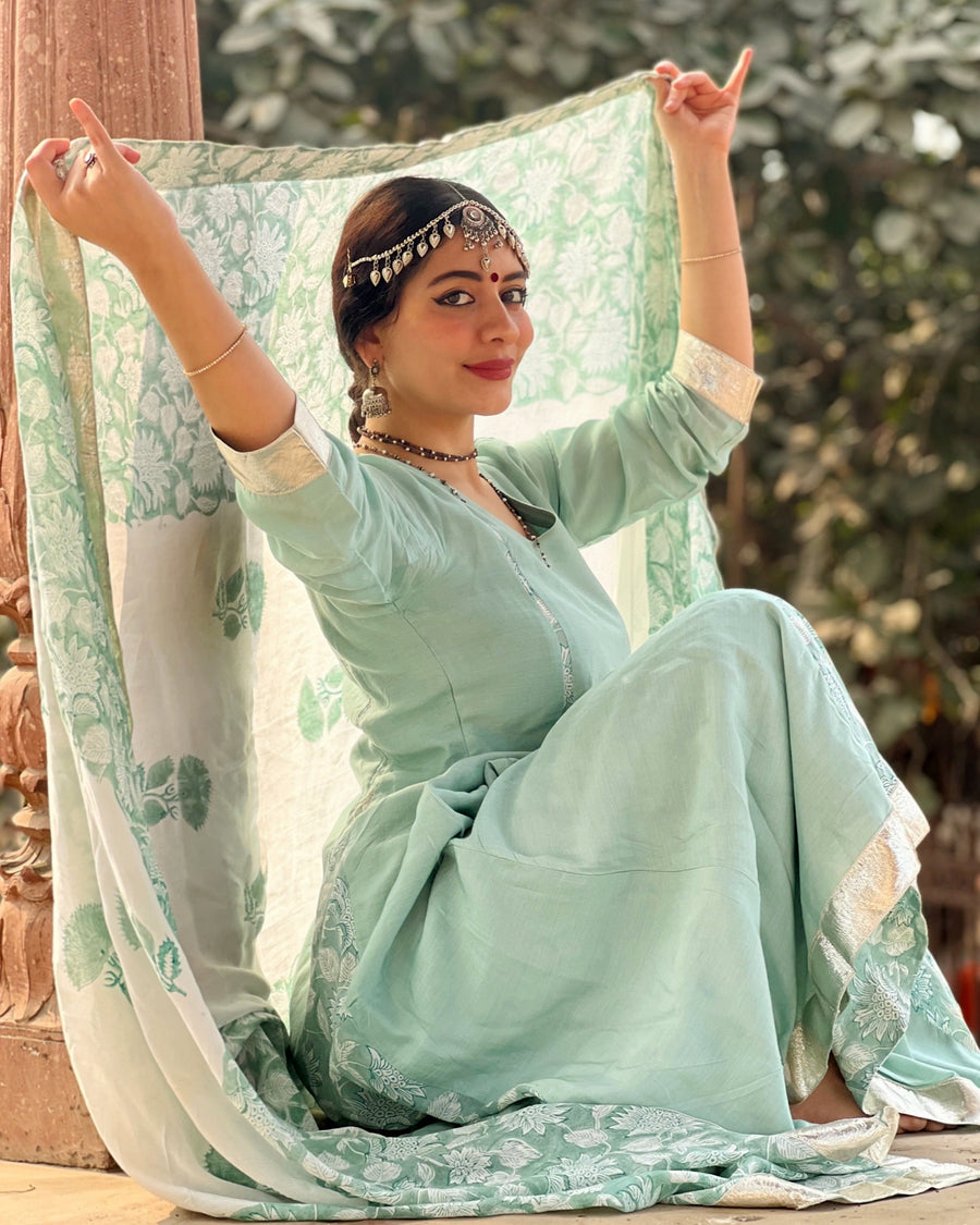 Serene Aqua Blue  A-Line Muslin with Chiffon dupatta