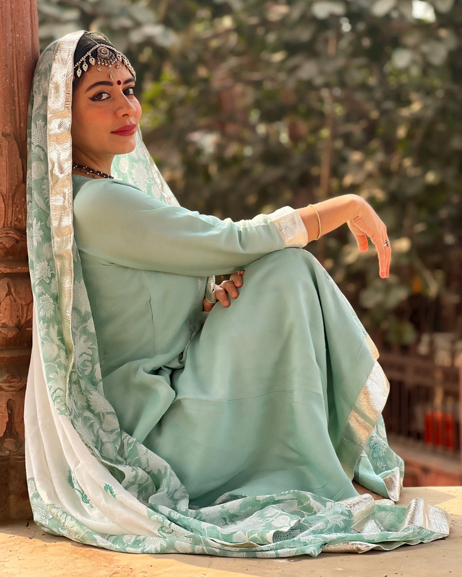 Serene Aqua Blue  A-Line Muslin with Chiffon dupatta