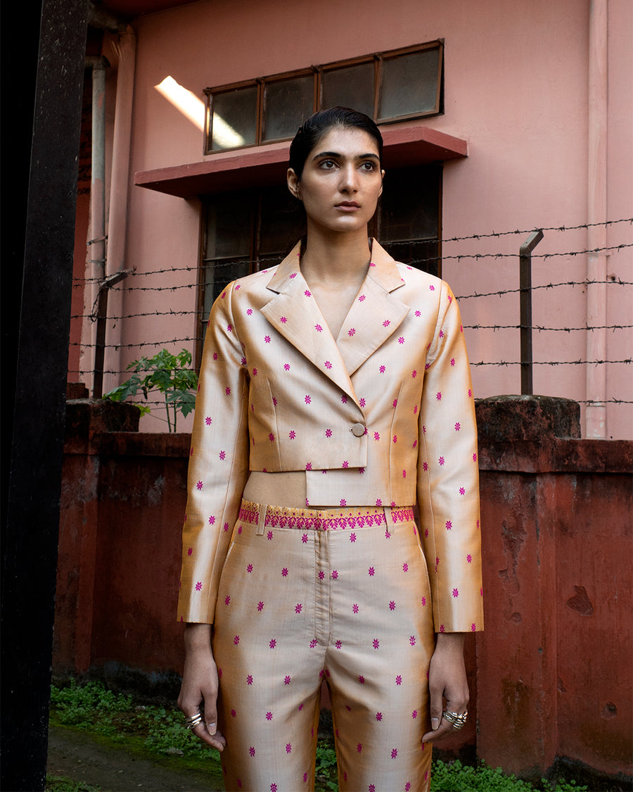 Buy Drishti  Zahabia Green Dupion Silk Botanical Print Blazer Trouser Set  Online  Aza Fashions